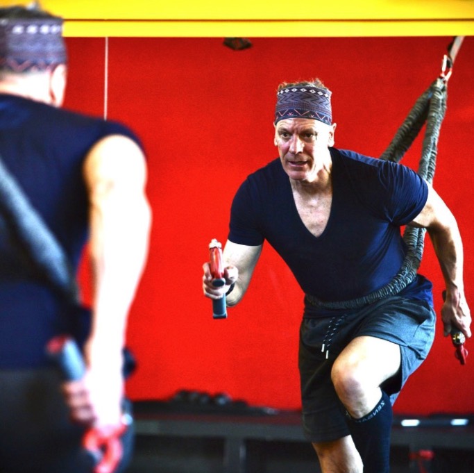 Mark Pattison, 59, Functional Training with resistance bands at HardCore Training Center in Ketchum, Idaho—Mark is a Sports Illustrated Executive and 7 Summits Mountaineer, who played in the NFL (Oakland Raiders, wide receiver) for 5 years.